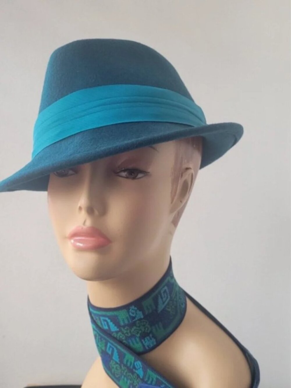 Apt 9 Teal Felt Velour Asymmetrical Fedora Hat with Contrasting Ribbon Band